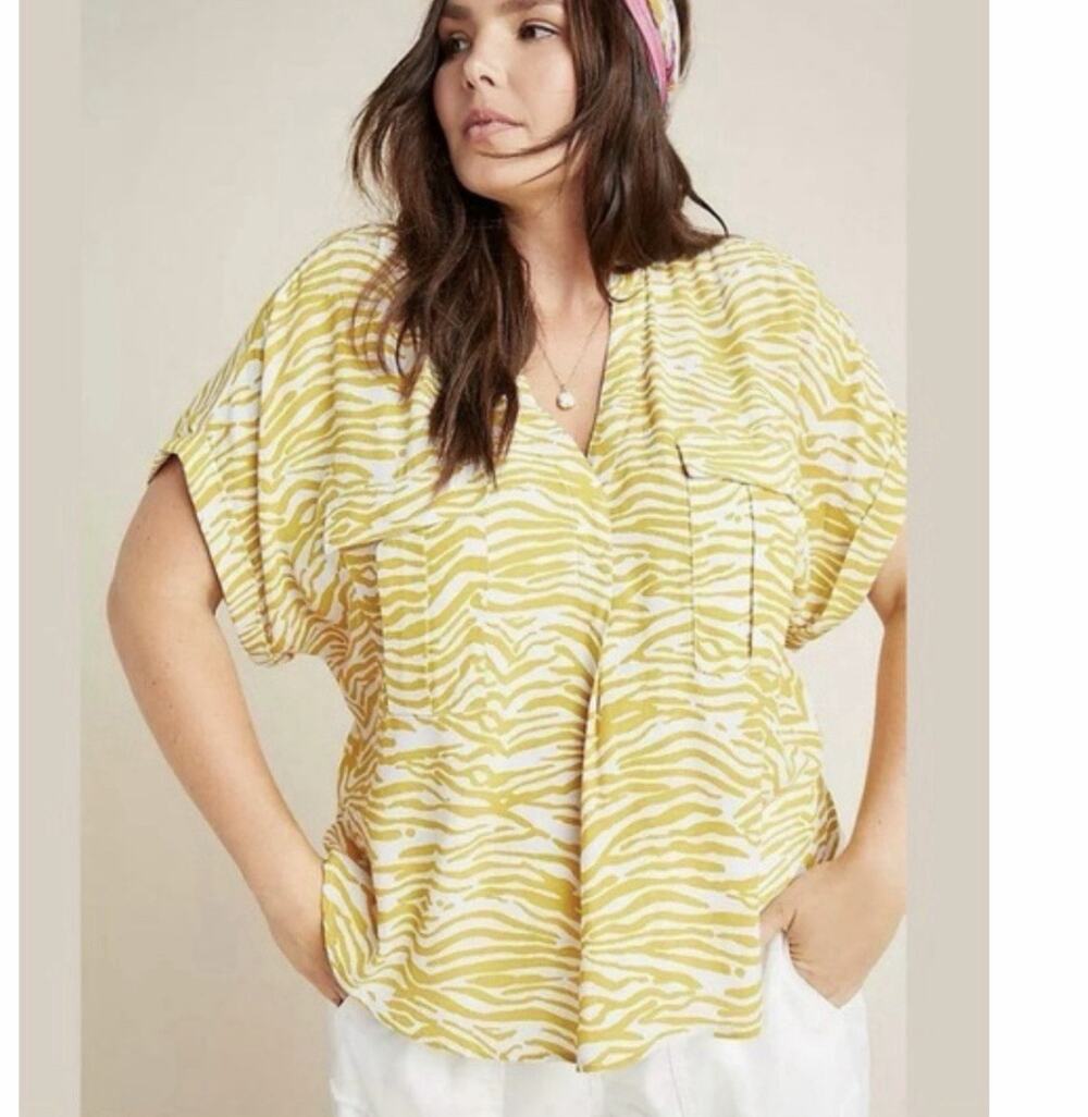 Anthropologie Women’s Utility Shirt Yellow Zebra Stripe Amira Large (AA6)